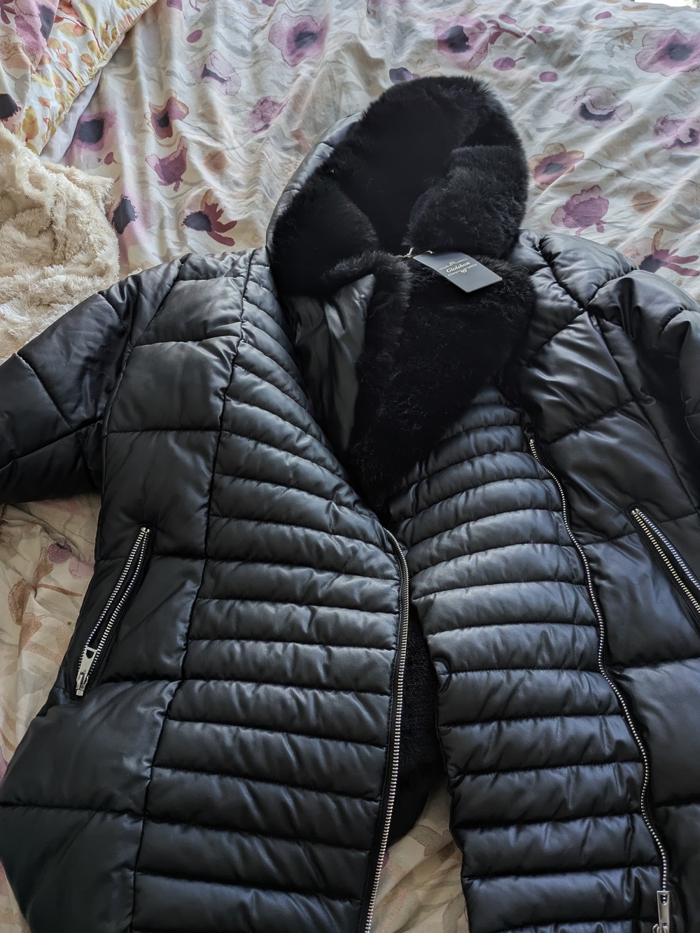 New Wth Tag Black Quilted Faux-Fur Trim Hooded Puffer Coat
